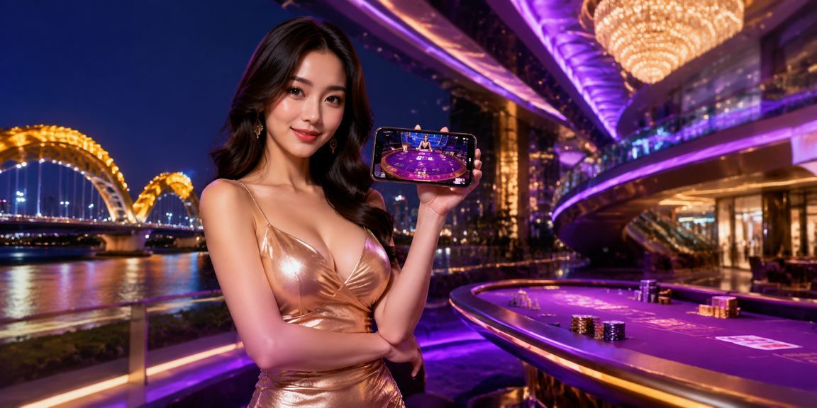 Bàn baccarat neon sáng rực tại Đà Nẵng, màn hình hiển thị kết quả live casino trực tuyến