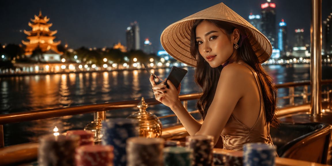 Người dùng Sài Gòn dùng điện thoại xem khuyến mãi casino bên chiếc nón lá truyền thống